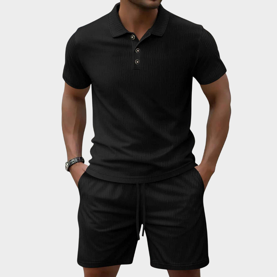 Men's Co-Ord Set – Corduroy Short Sleeve Lapel Polo Shirt with Drawstring Shorts – Multiple Colours