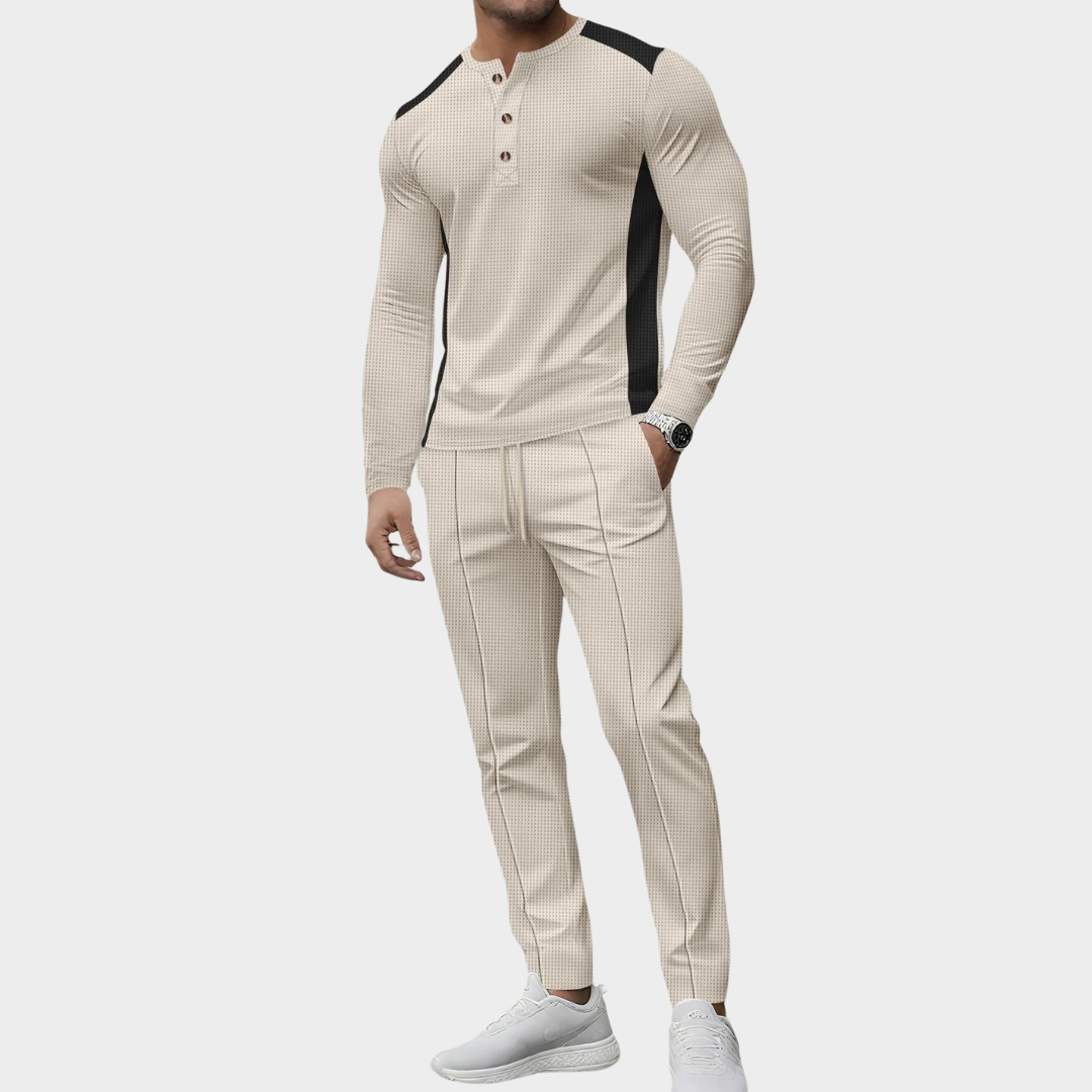 Men’s Two-Piece Set – High Collar Long Sleeve Henley Shirt with Button-Up and Matching Pants – Multiple Colours