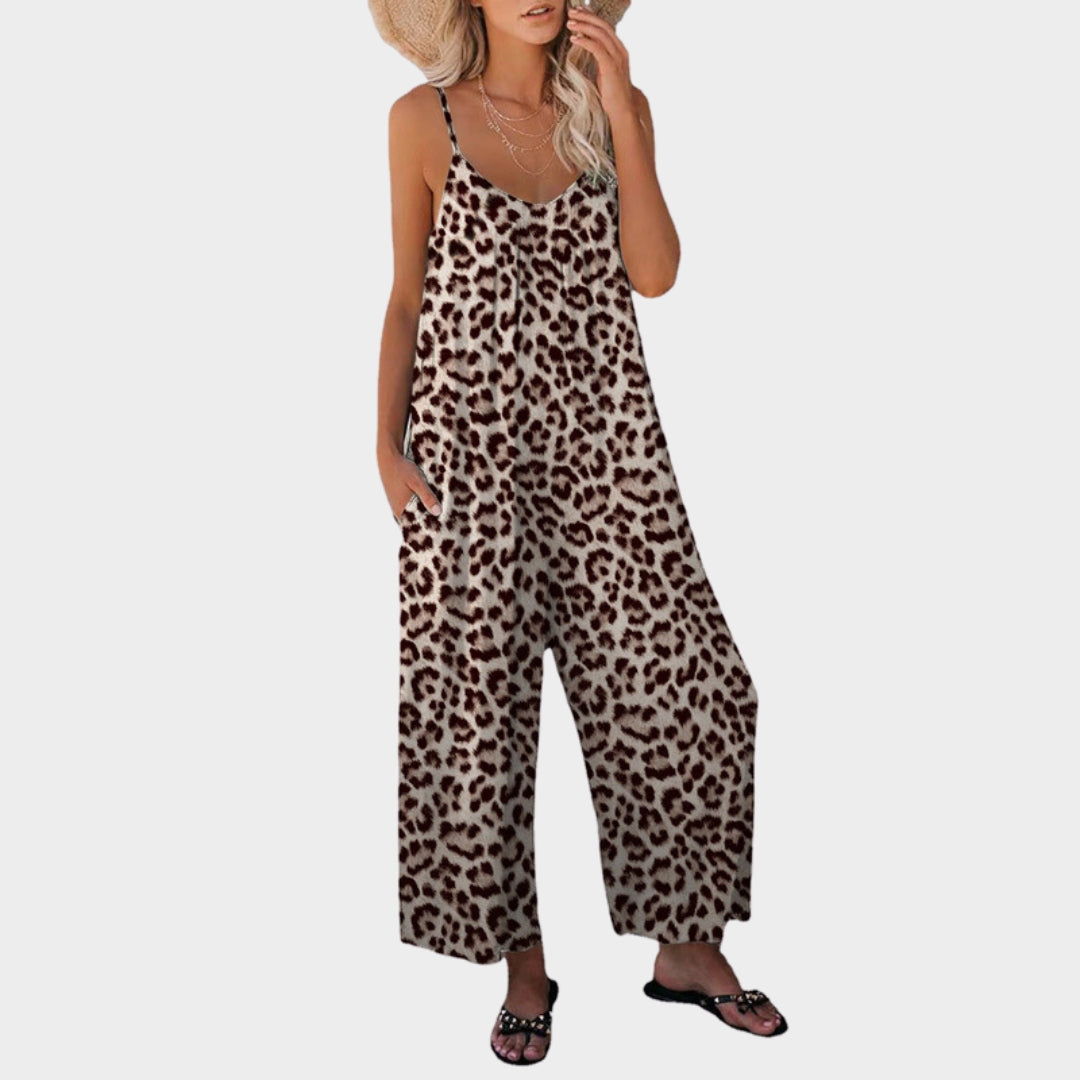 Summer Women's Jumpsuit – Leopard Pattern, Loose Casual Fit, Pockets, Belt, Multiple Colors