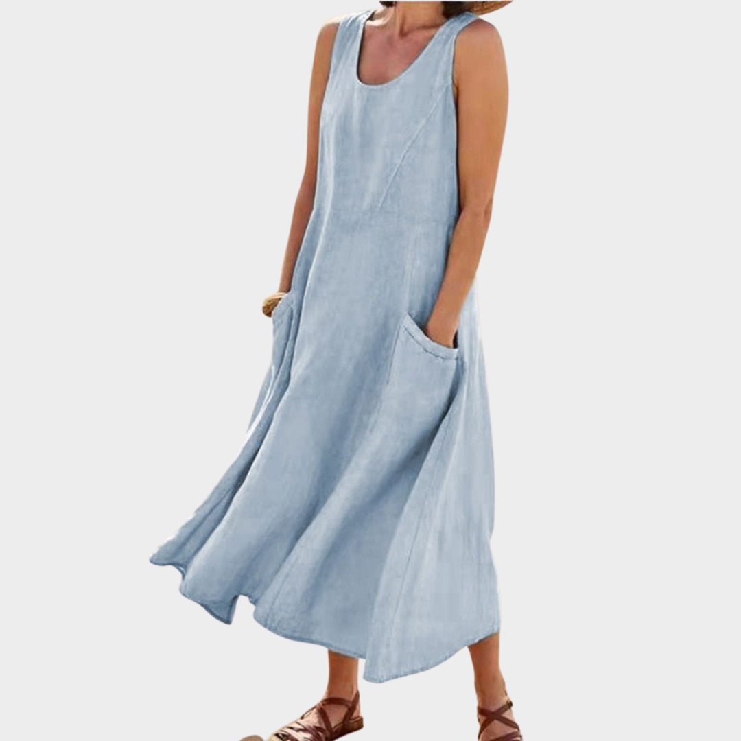 Women's Cotton Linen Dress – Sleeveless – O Neck – Loose Fit – With Pocket – Multiple Colours