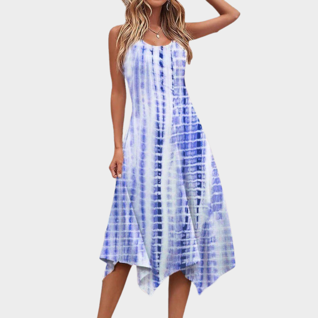 Women Dress – Sleeveless Irregular Hem Swing Style with Printed Design in Cotton Blend – Multiple Colours