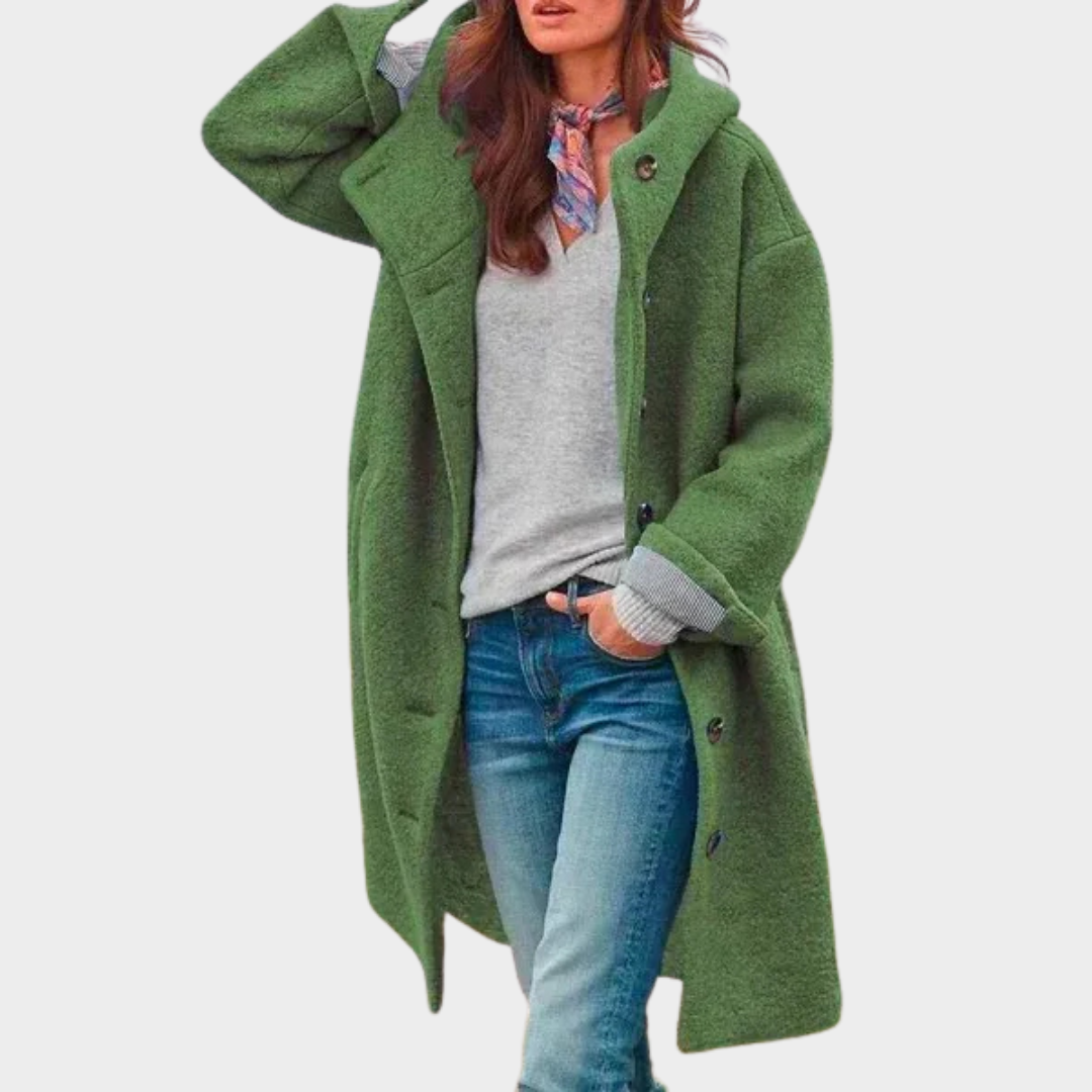 Women Elegant Long Sleeve Woolen Coat – Notch Collar Hooded Outerwear – Tailored Fit Warm Polyester Blend – Multiple Colours