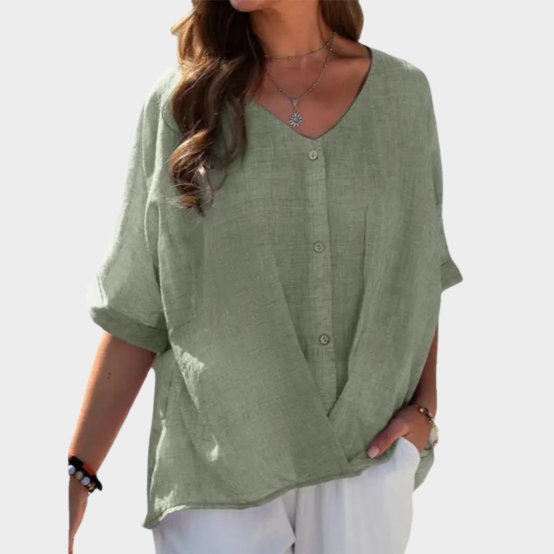 Women’s Blouse – Oversized Fit – V-Neck – Button Front – Half Sleeve – Multiple Colours