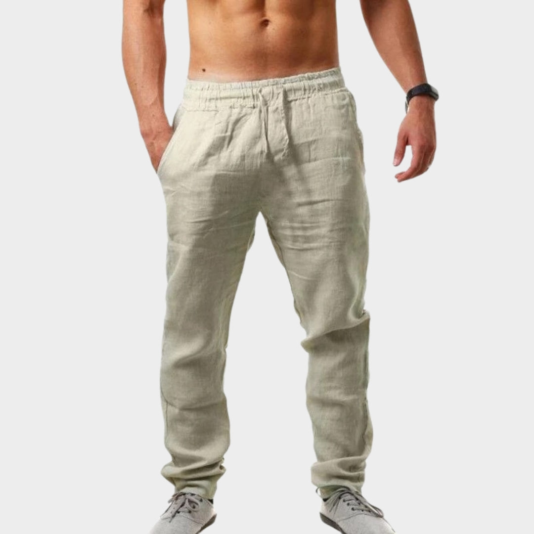 Men's Cotton Linen Trousers - Loose Fit - Elastic Waistband - Lightweight & Breathable - Multiple Colours
