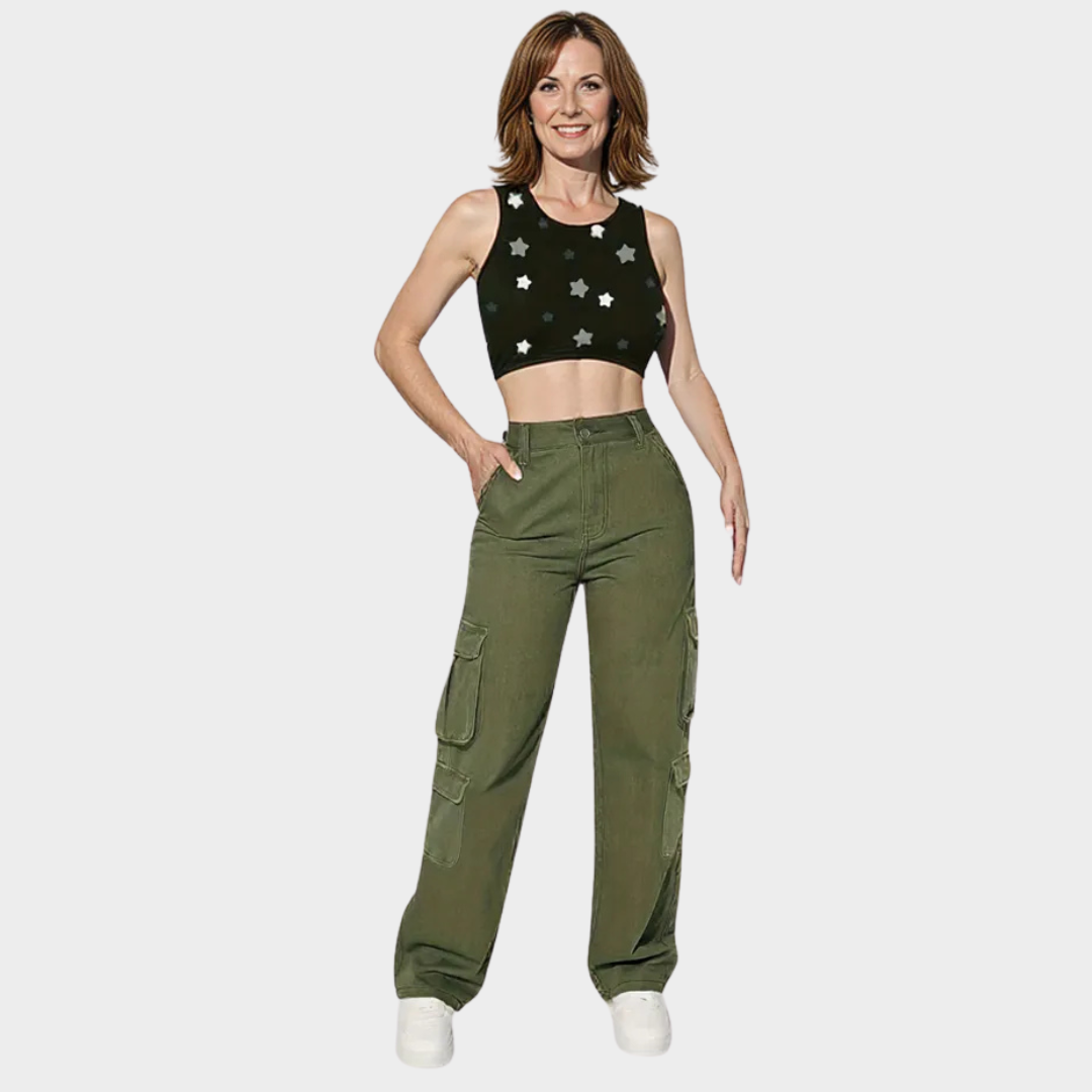 Women's Cargo Jeans – Loose Fit – Straight Leg – Non-Stretch Denim – Flap Pocket Design – Army Green