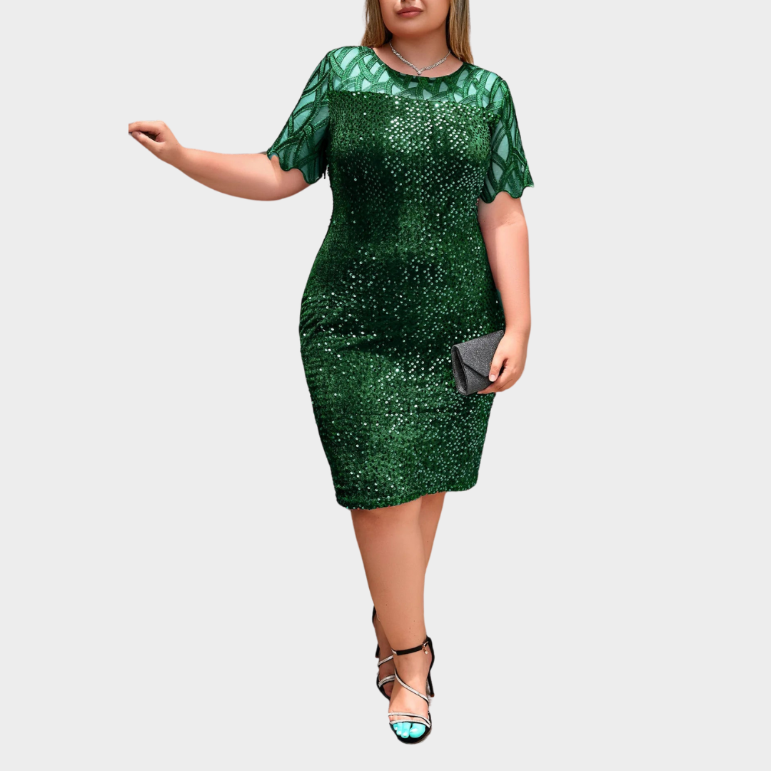 Women's Midi Dress – Elegant Sequin Evening Gown – Round Neck – Short Sleeves – Multiple Colours