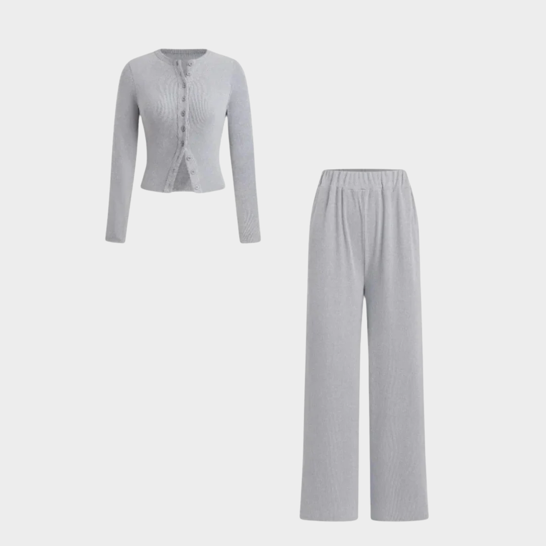 Women Two Piece Set – Solid Ribbed Crop Top with Button Front and Elastic Waist Pants – Casual Matching Outfit Comfortable Y2K Style – Multiple Colours
