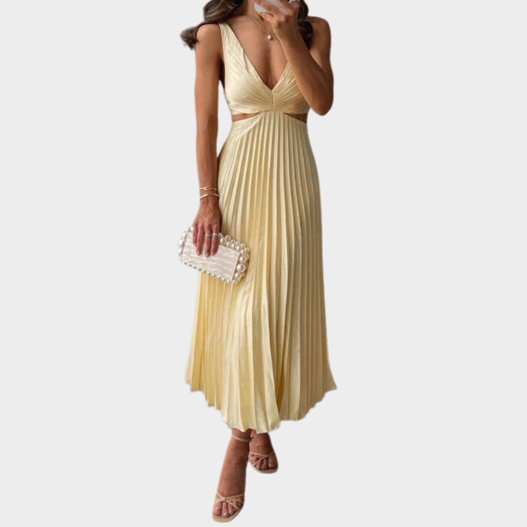 Women’s V-Neck Maxi Dress – Sleeveless Pleated Fit – Hollow Out Backless Design – Elegant Party Style – Multiple Colours