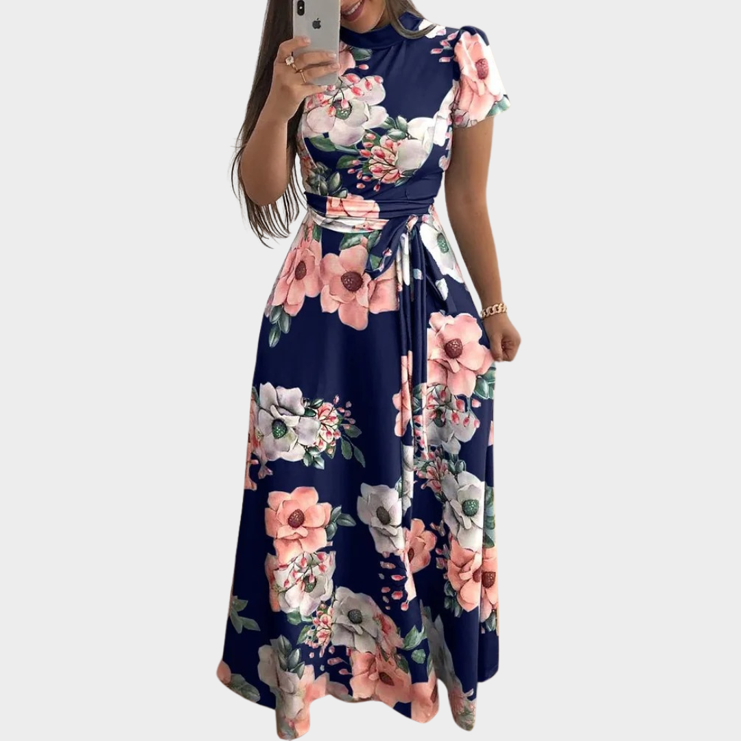 Women's Boho High Neck Maxi Dress – Floral Print Belted Party Dress – Short/Long Sleeve – Multiple Colours