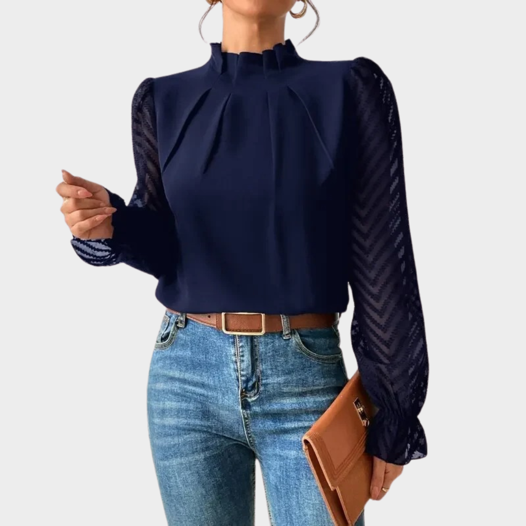 Women’s Relaxed Fit Blouse – High Neck with Sheer Sleeves – Soft Breathable Blend – Elegant Casual Style – Multiple Colours