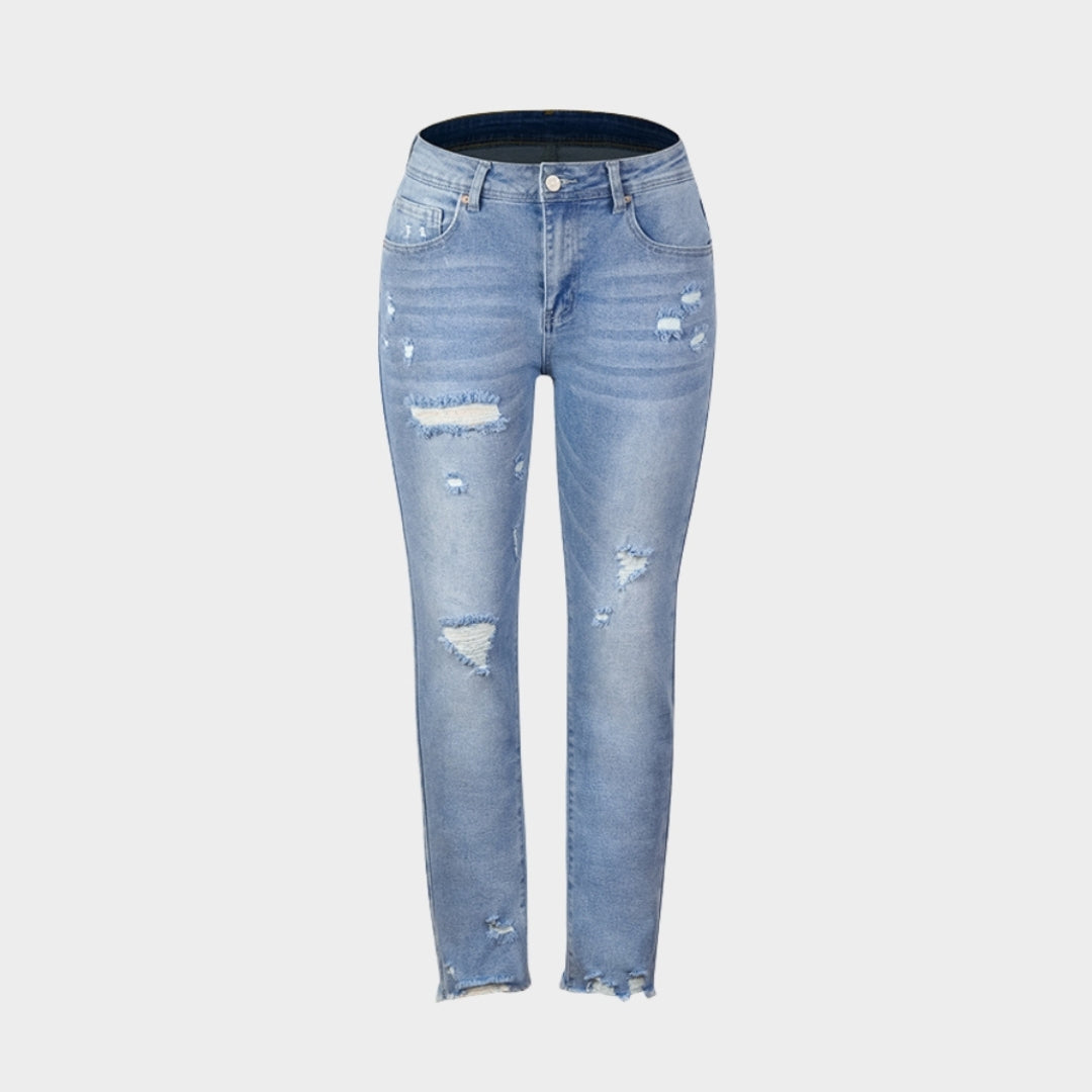 Women's High-Waist Ripped Jeans - Trendy Stretch Denim Pencil Pants (Blue)