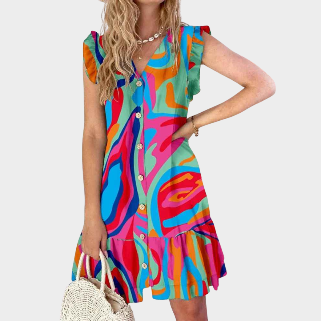 Women's A-Line Dress – Sleeveless V-Neck Fit with Printed Loose Style – Multiple Colours