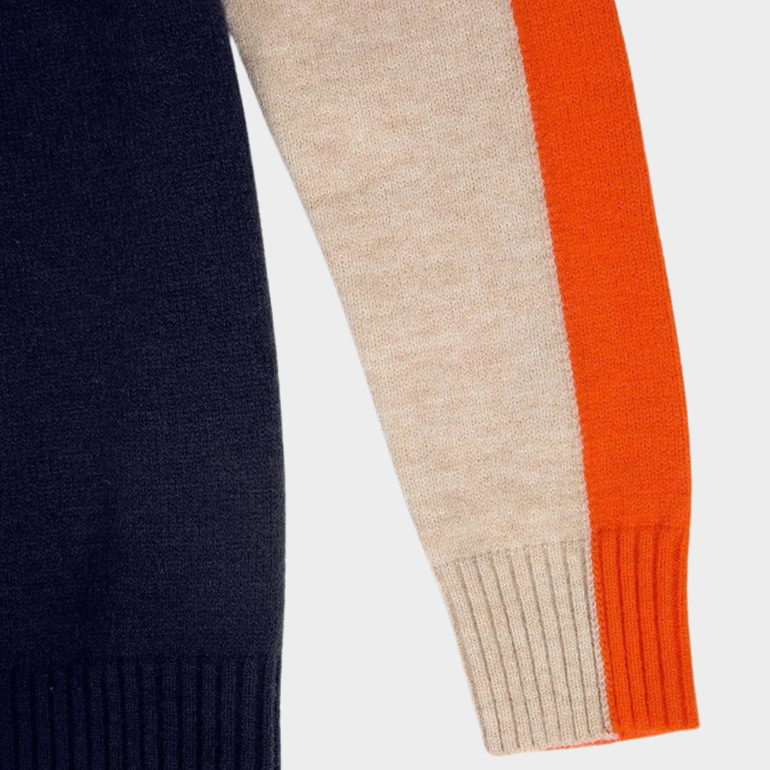 Women Knitted Sweater – Vintage Inspired O Neck Pullover – Loose Casual Fit – Soft Wool Blend Spliced Knitwear – Blue