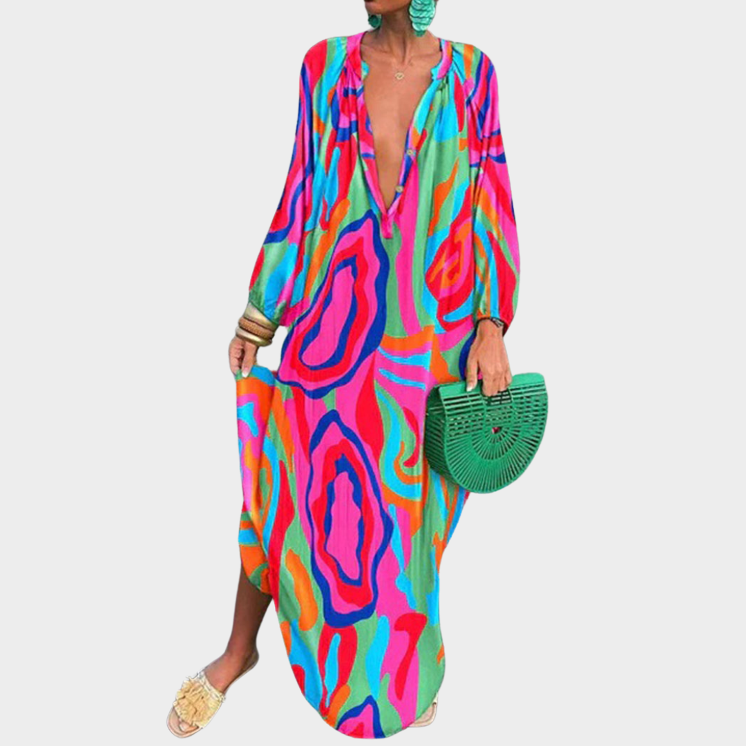 Women's Boho Maxi Dress - Retro Print - V-Neck - Loose Fit - Multiple Colours