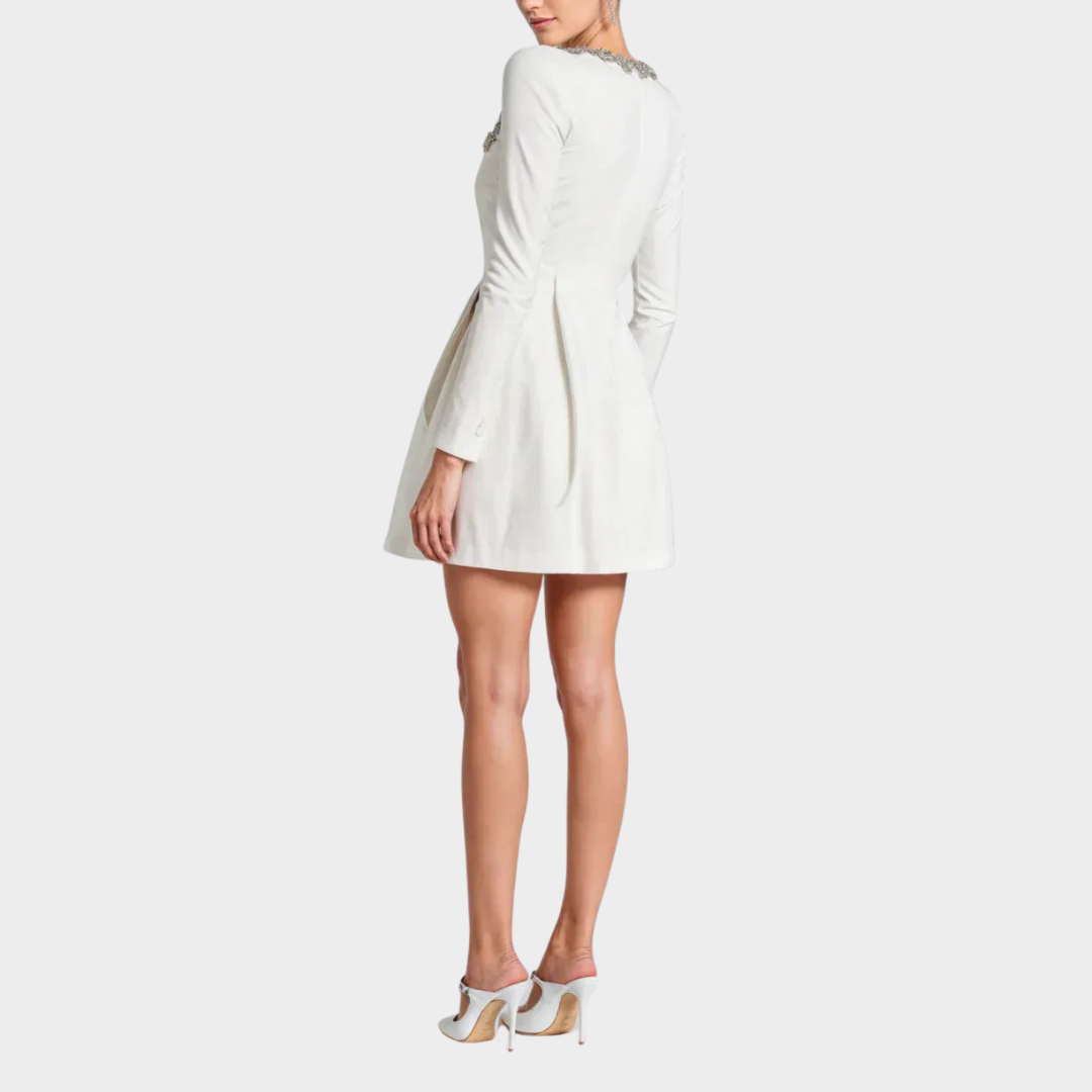 Women Short Dress – Velvet Mini with Square Collar and Diamond Embellishment – Long Sleeves – Flared Skirt – Elegant Party Wear – Multiple Colours
