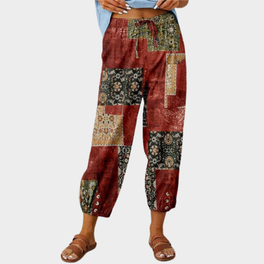 Women's High Waist Cropped Trousers – Retro Print – Loose Fit – Drawstring Waist – Multiple Colours