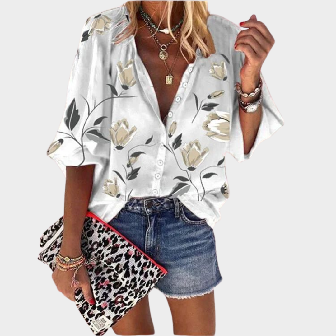 Women's Printed Button-Up Shirt – Stand-Up Collar – Long Sleeve – Loose Casual Fit – Multiple Colours