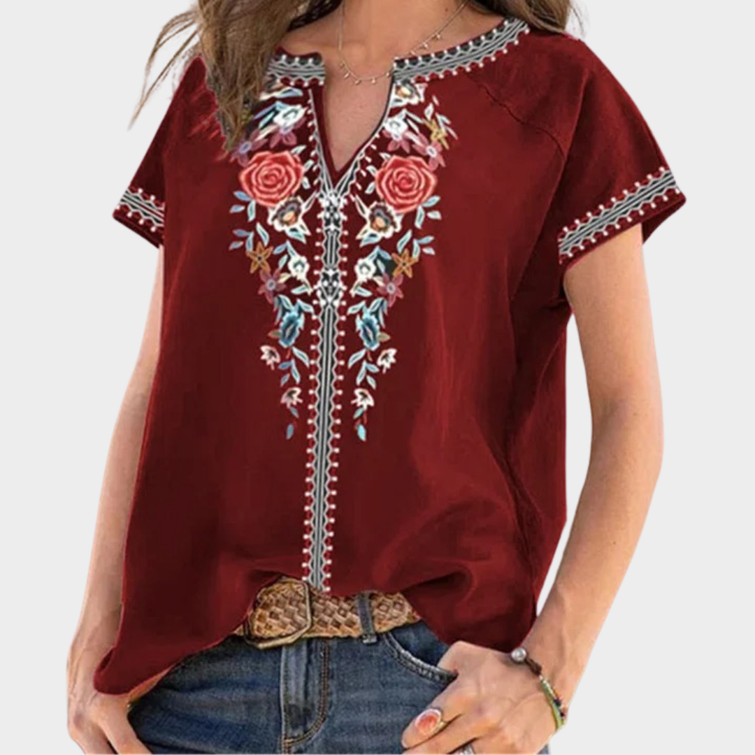 Women’s Printed Loose Fit Top – Ethnic Style V-Neck Short Sleeve Blouse – Boho Harajuku Oversized Design – Lightweight Fabric – Multiple Colours