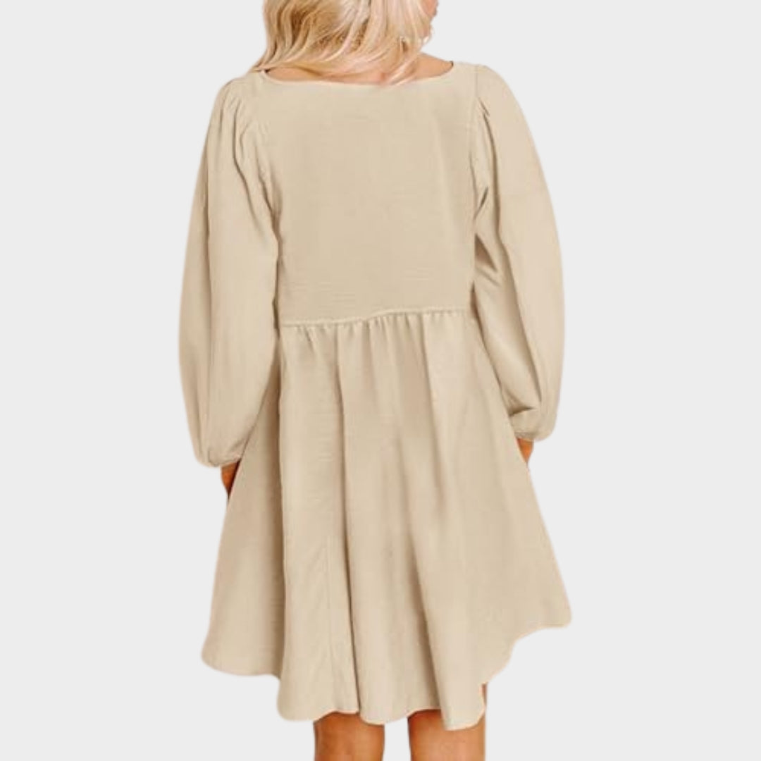 Women's Smocked A-Line Mini Dress - Crewneck - Button Up - Long Sleeve - Casual & Comfortable - Beige
