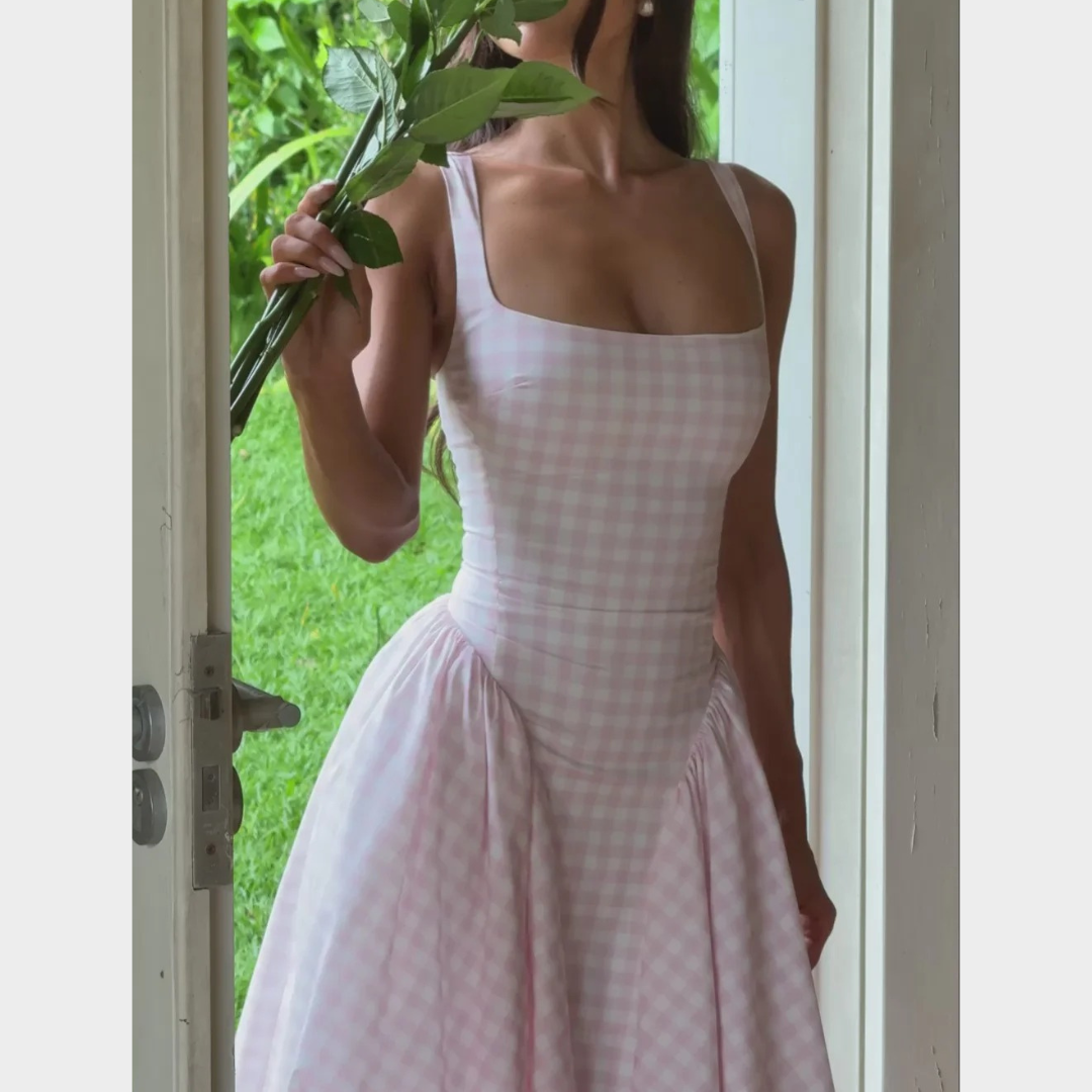 Women’s Midi Dress – Gingham Print with Fitted Bodice – Lace Up Back – Square Neckline – Flowing Skirt – Multiple Colours