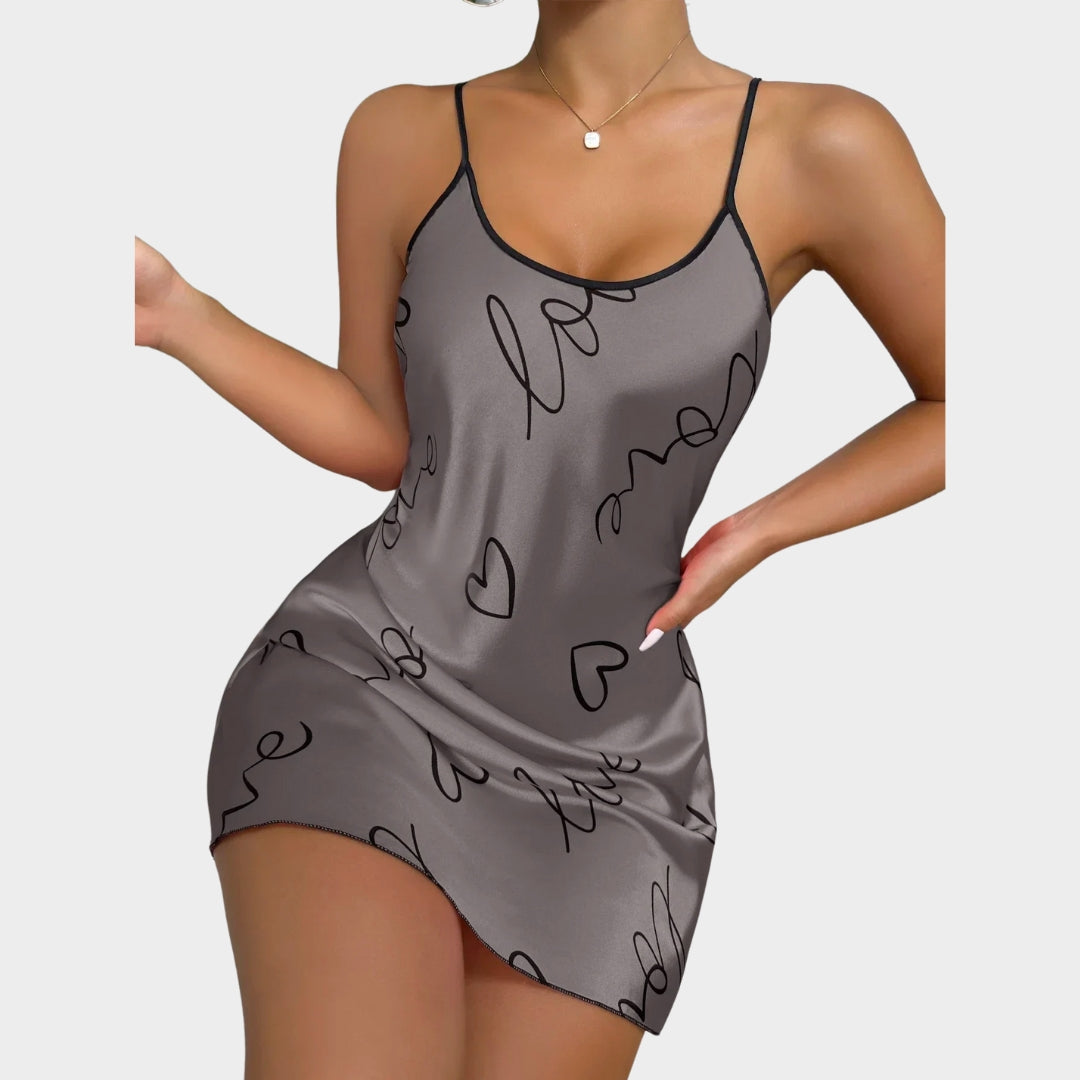 Women's Satin Nightdress - Heart Print - Scoop Neck & Criss-Cross Back - Soft & Comfortable Sleepwear