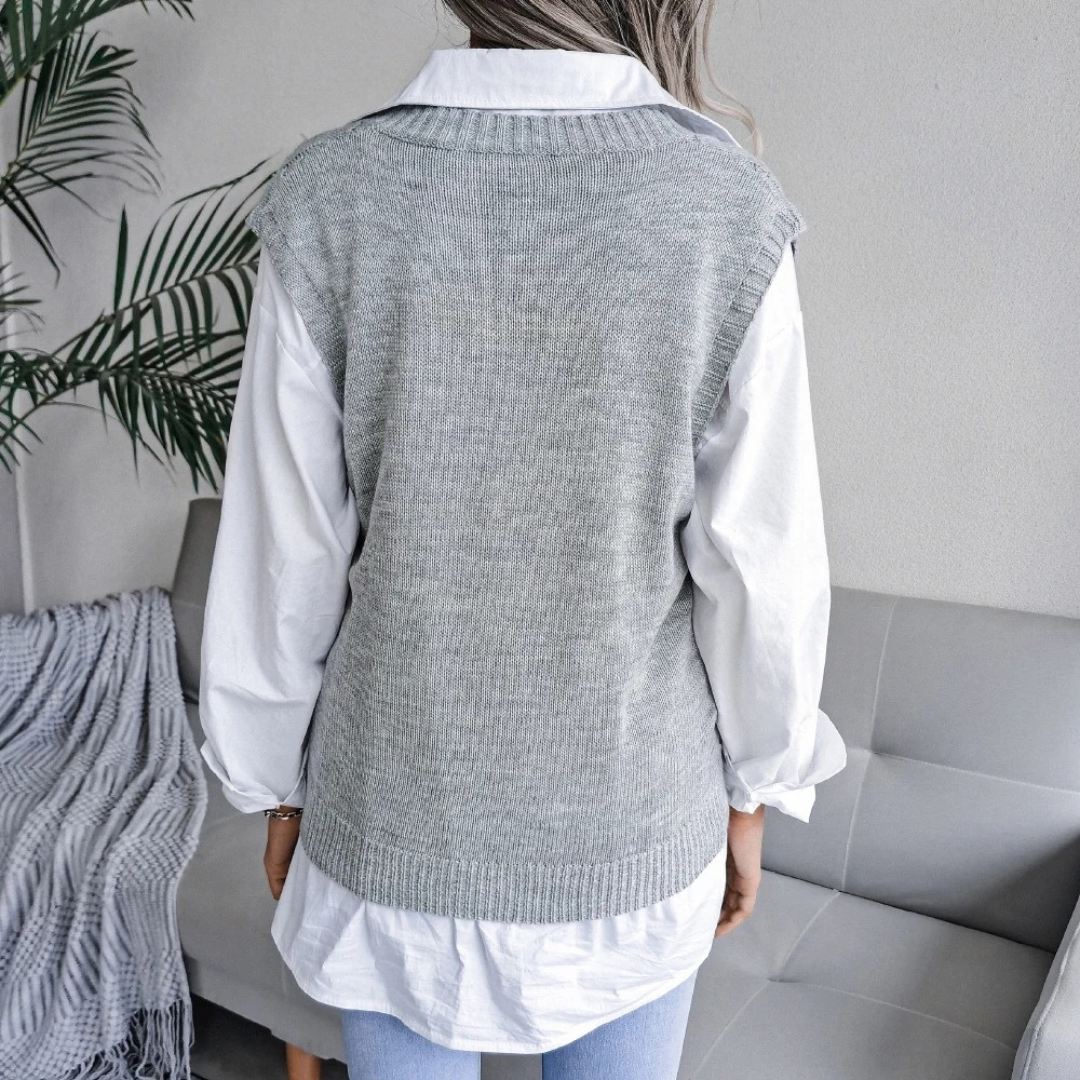 Women Knitted Vest – Relaxed Fit Cable Knit V-Neck Hip Length Layering Piece – Multiple Colours