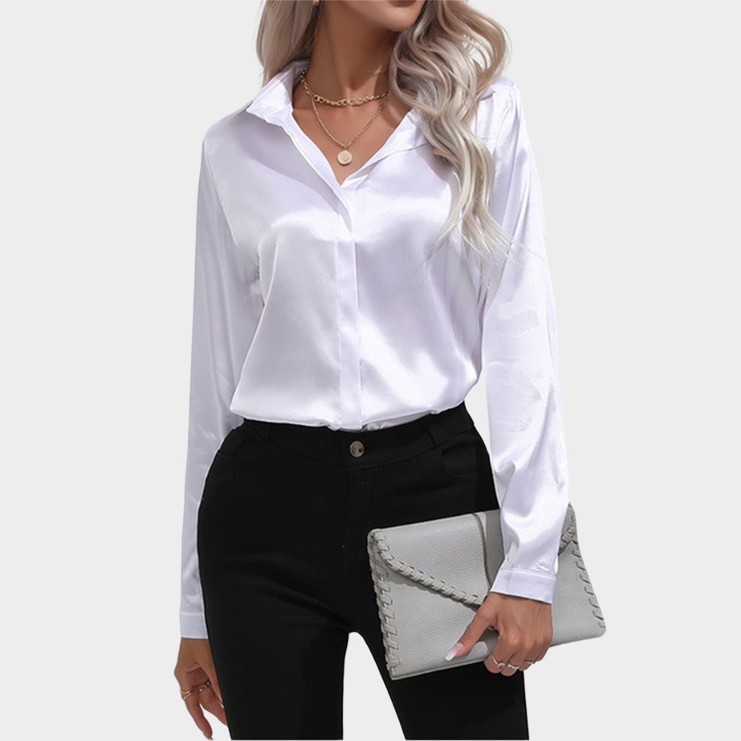 Women's Satin Shirt - Long Sleeve Turn-Down Collar Blouse - Elegant Office Wear - Multiple Colours