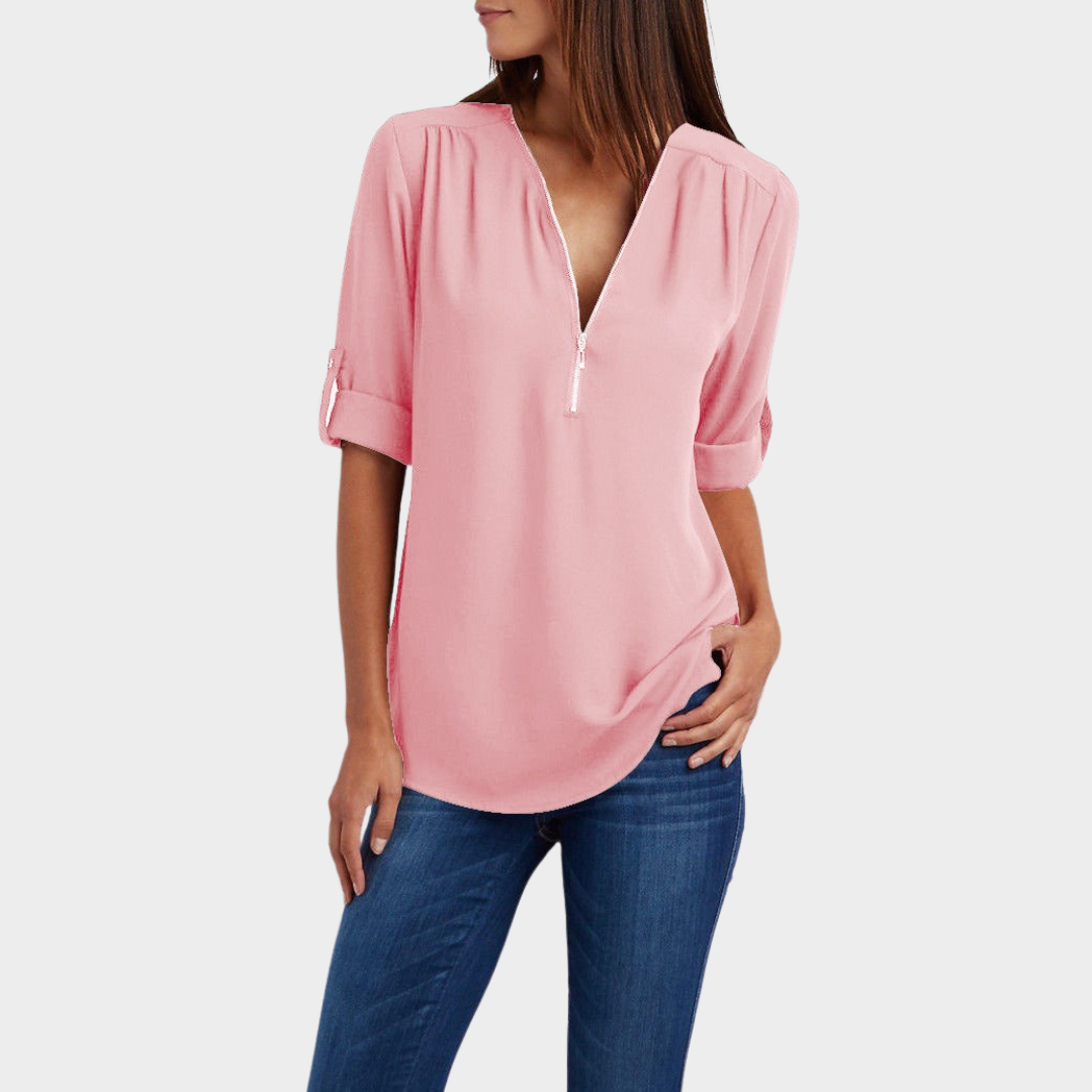 Women's V-Neck Chiffon Blouse – Half Sleeve – Zipper Front – Casual Office Shirt – Multiple Colours