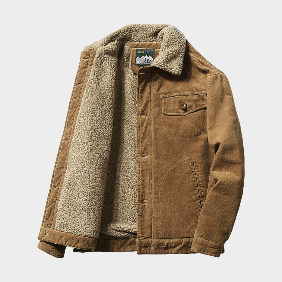 Winter Men's Cargo Corduroy Jacket - Thick Velvet Warm Vintage Solid Colour Coat