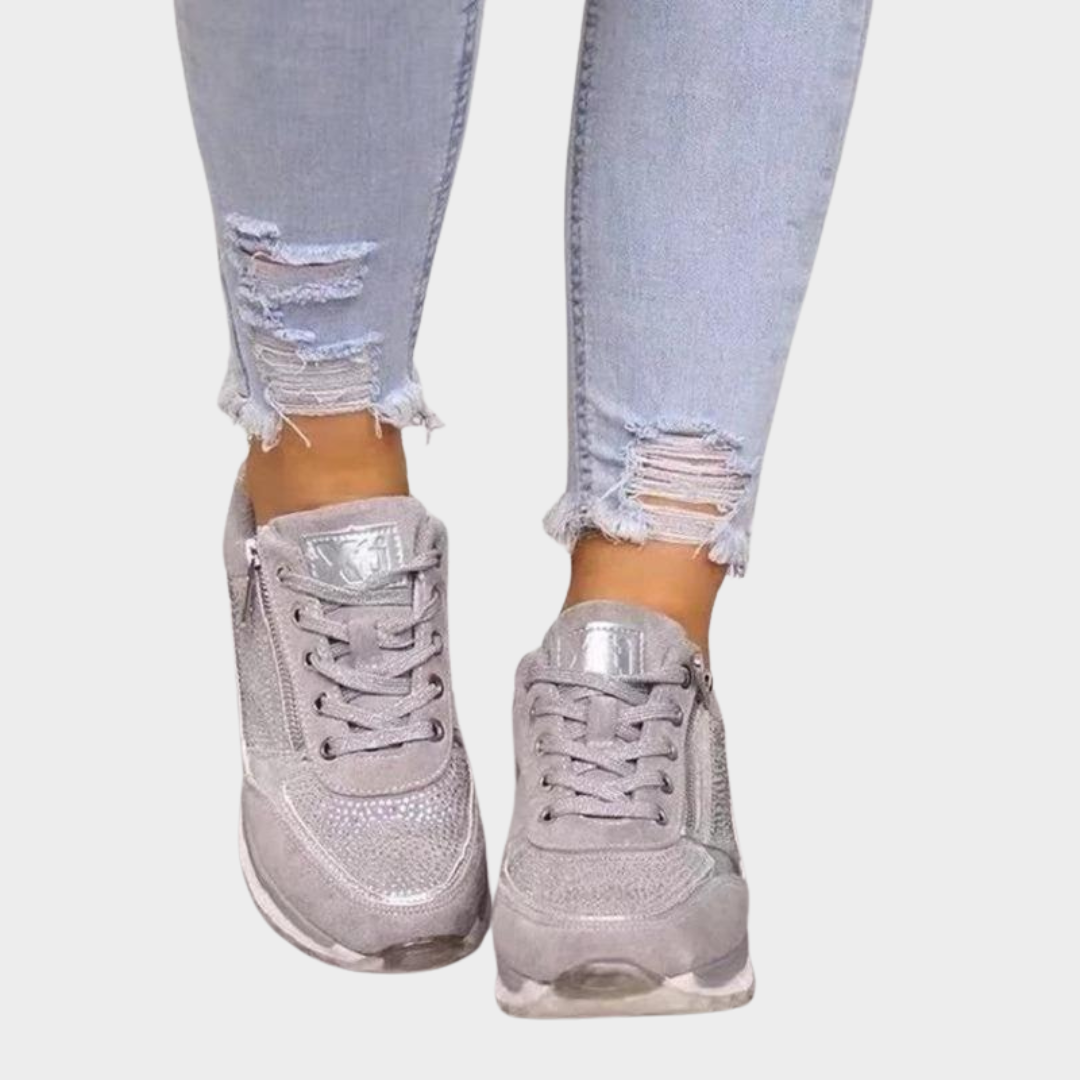 Women’s Platform Wedge Sneakers – Crystal Embellished Casual Style – Comfortable Sport Sole with Fashionable Lift – Multiple Colours
