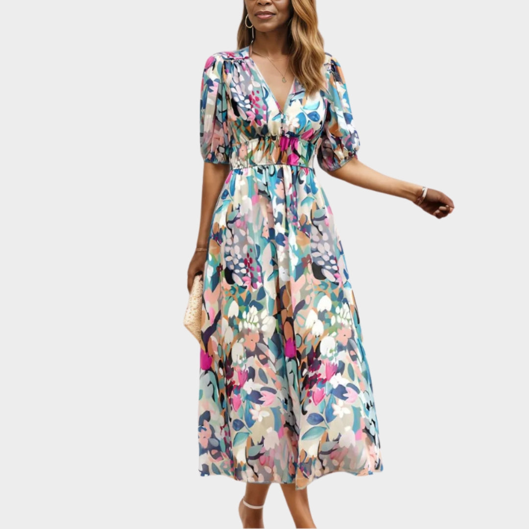 Elegant Women's Maxi Dress V-Neck Elastic Waist Printed Long Summer Dress - Beige, Pink, Black, and More