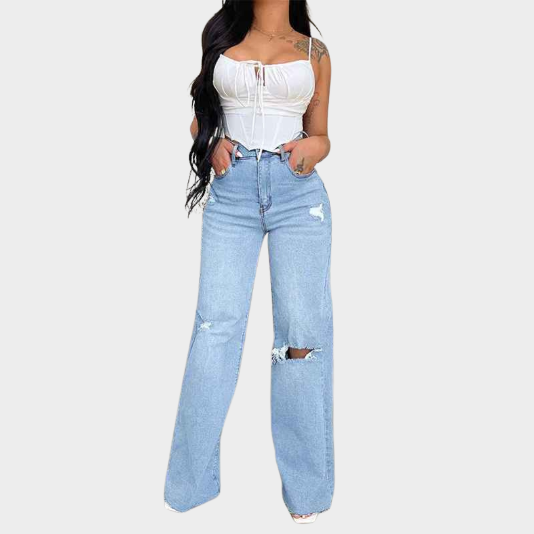Women's Wide-Leg Jeans - High Waist Ankle-Length Denim Trousers - Zipper Fly with Pockets - Blue