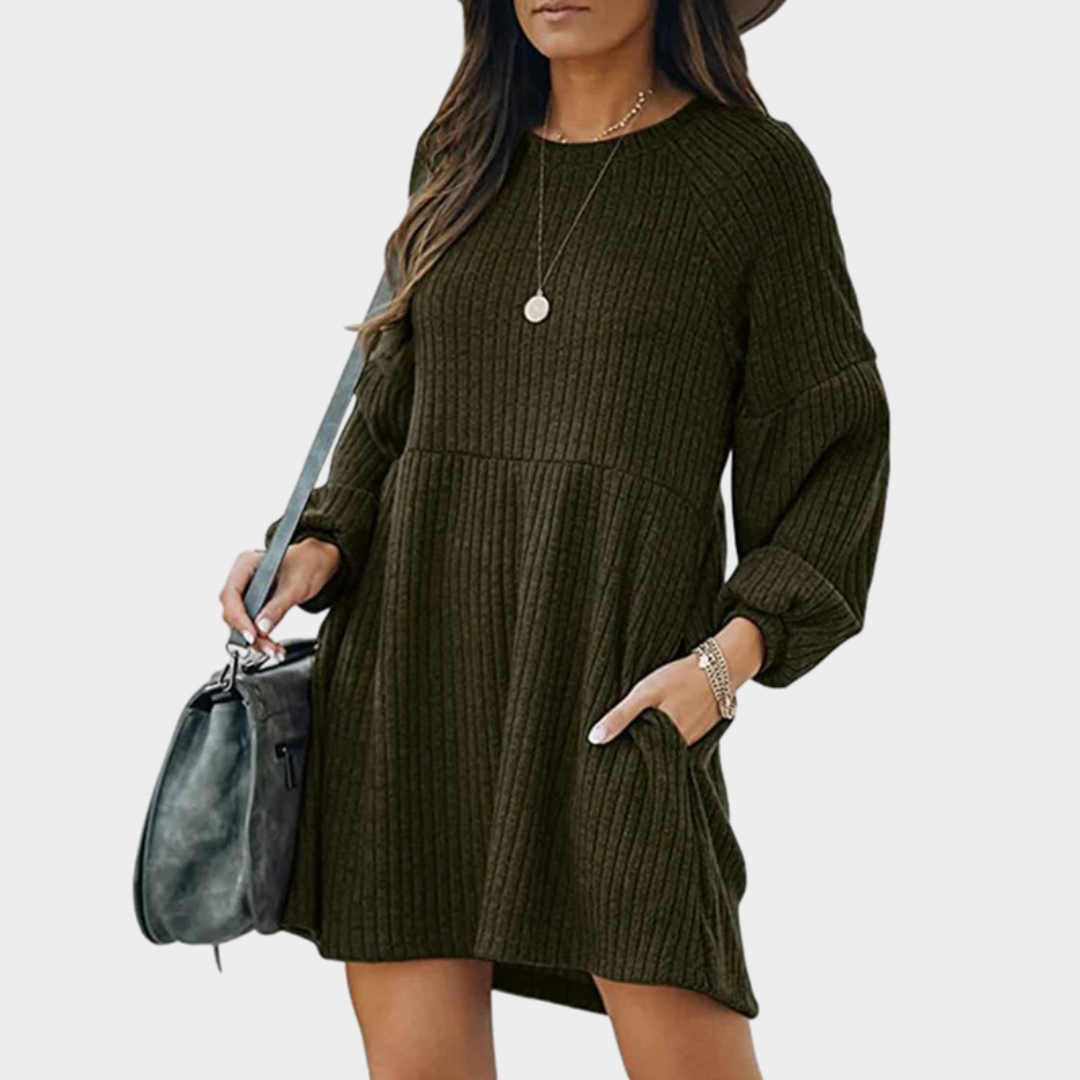 Women Knitted A Line Dress – O Neck Lantern Sleeve Ribbed Mini Dress – Loose Hem Casual Fit – Multiple Colours