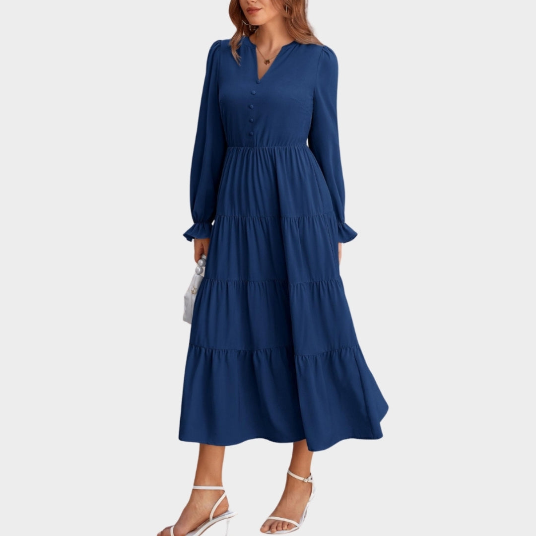 Women’s High-Waist A-Line Dress - V-Neck, Layered Ruffles, Button Embellished, Long Sleeve, Wine, Black, and More