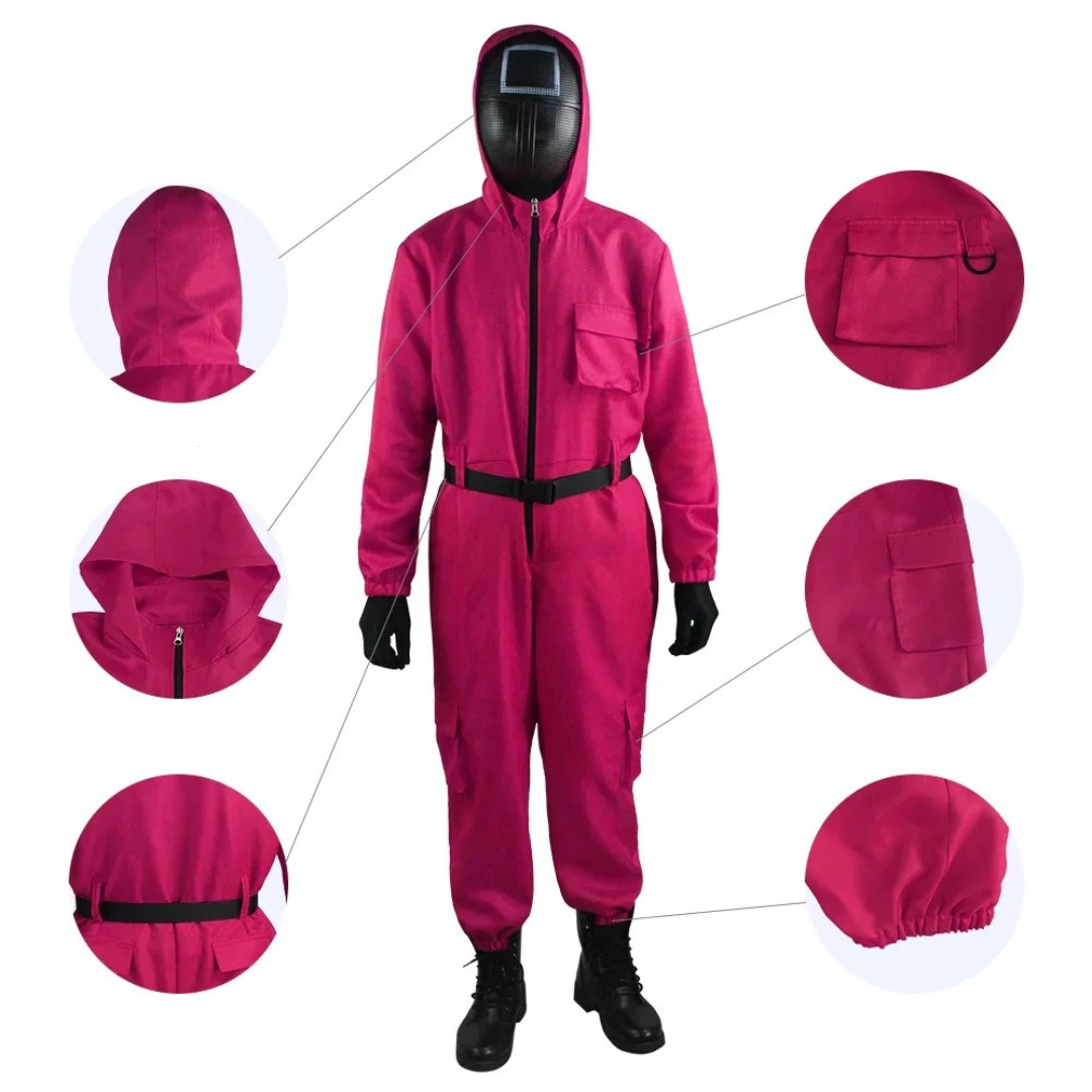 Squid Game Guard Halloween Costume – Unisex Cosplay Jumpsuit with Mask Options for Adults & Teens – Hooded Overall Outfit – Multiple Colours