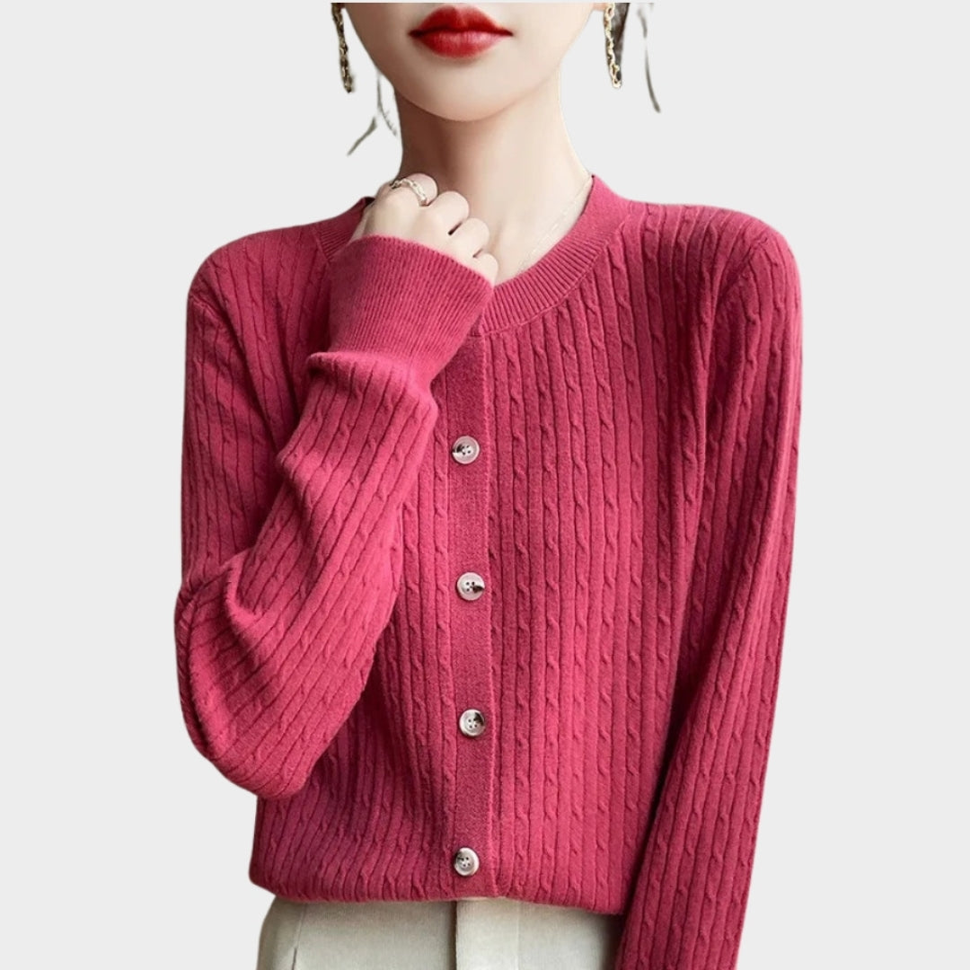 Women’s 100% Merino Wool Sweater – O-Neck Hollow Twisted Cardigan, Long Sleeve Knitted Top, Multiple Colors
