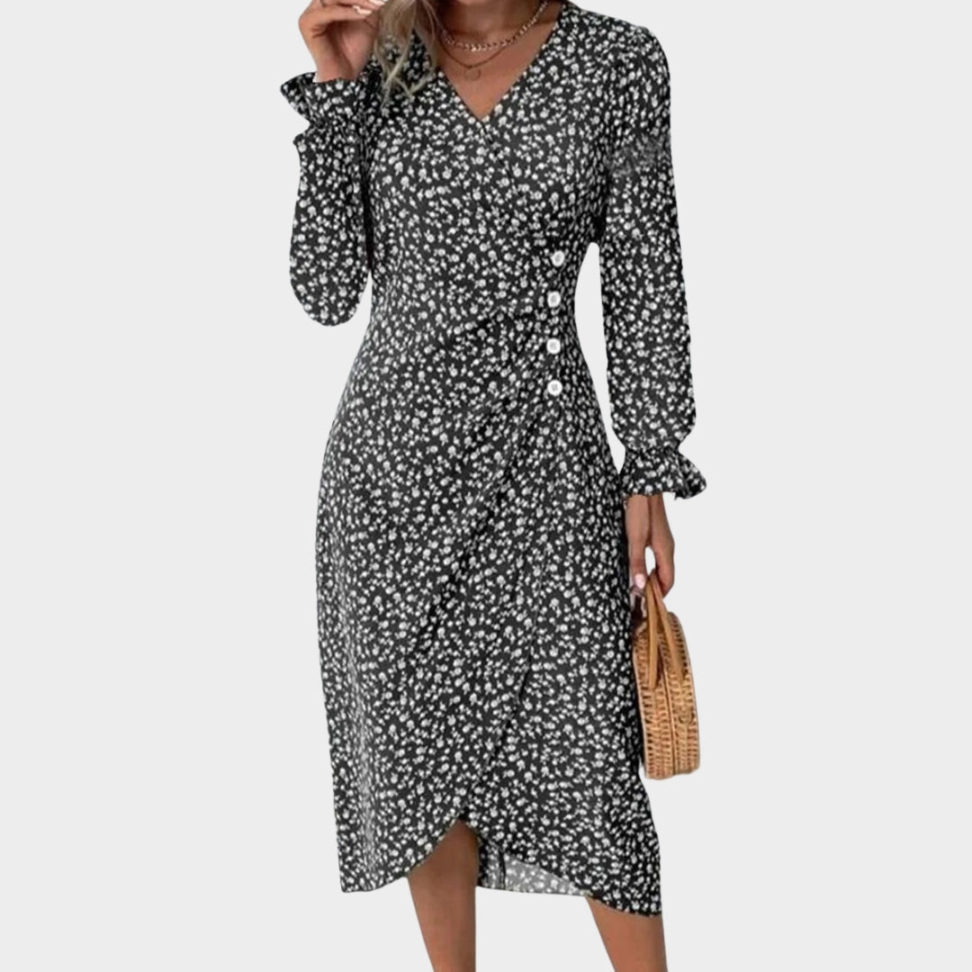 Spring Floral Bodycon Midi Dress – Women’s V-Neck, Long Sleeve, Close Fit, Vestido in Green, Black, Red, Blue
