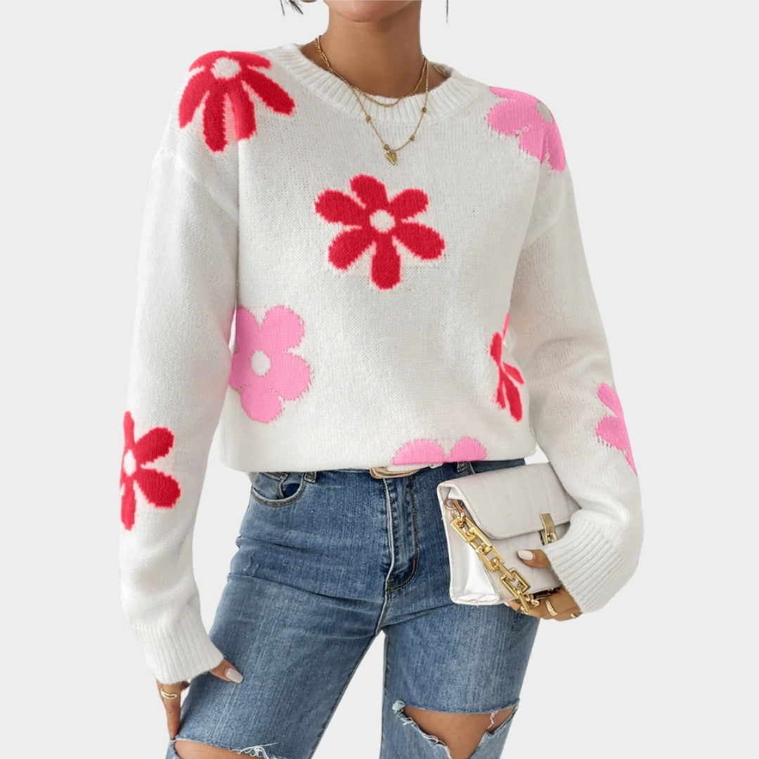 Women’s Crew Neck Sweater - Slim Fit, Loose Long Sleeve Top, White, Red