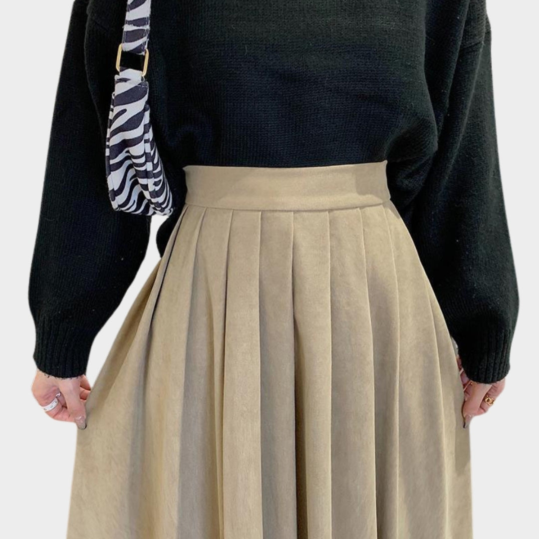 Women’s High Waist Pleated Skirt - Vintage A-Line Korean College Style Long Skirt, Blue, Black, and More
