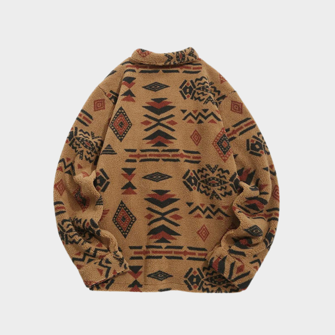 Men's Retro Fleece Jacket – Ethnic Style – Lapel Collar – Warm & Comfortable – Unique Design – Coffee