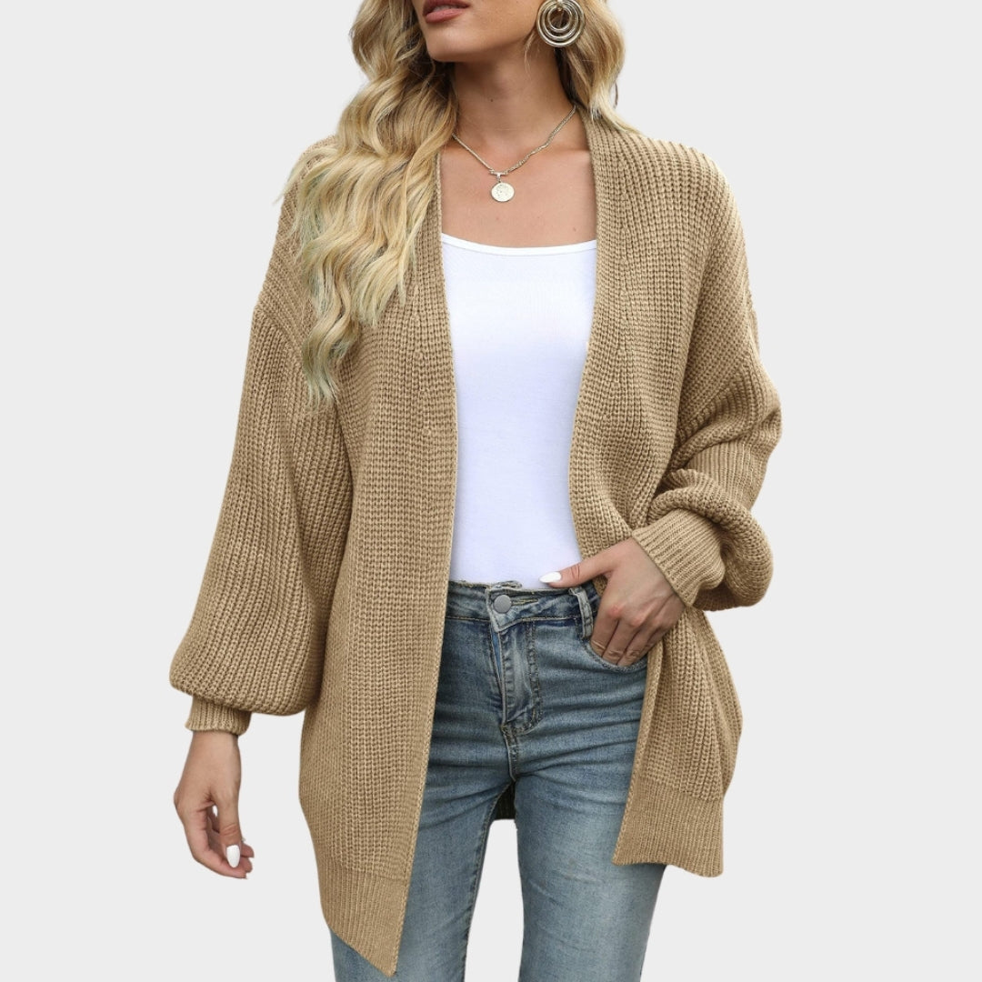 Women's Lantern Sleeve Thick Needle Cardigan – Cozy Knitted Sweater Coat, Black, Beige, and More
