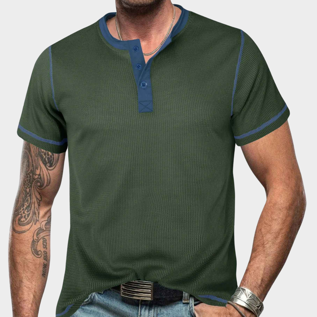 Men's T-Shirt – Short Sleeve Vintage Fit Waffle Texture Crew Neck Henley Top – Multiple Colours