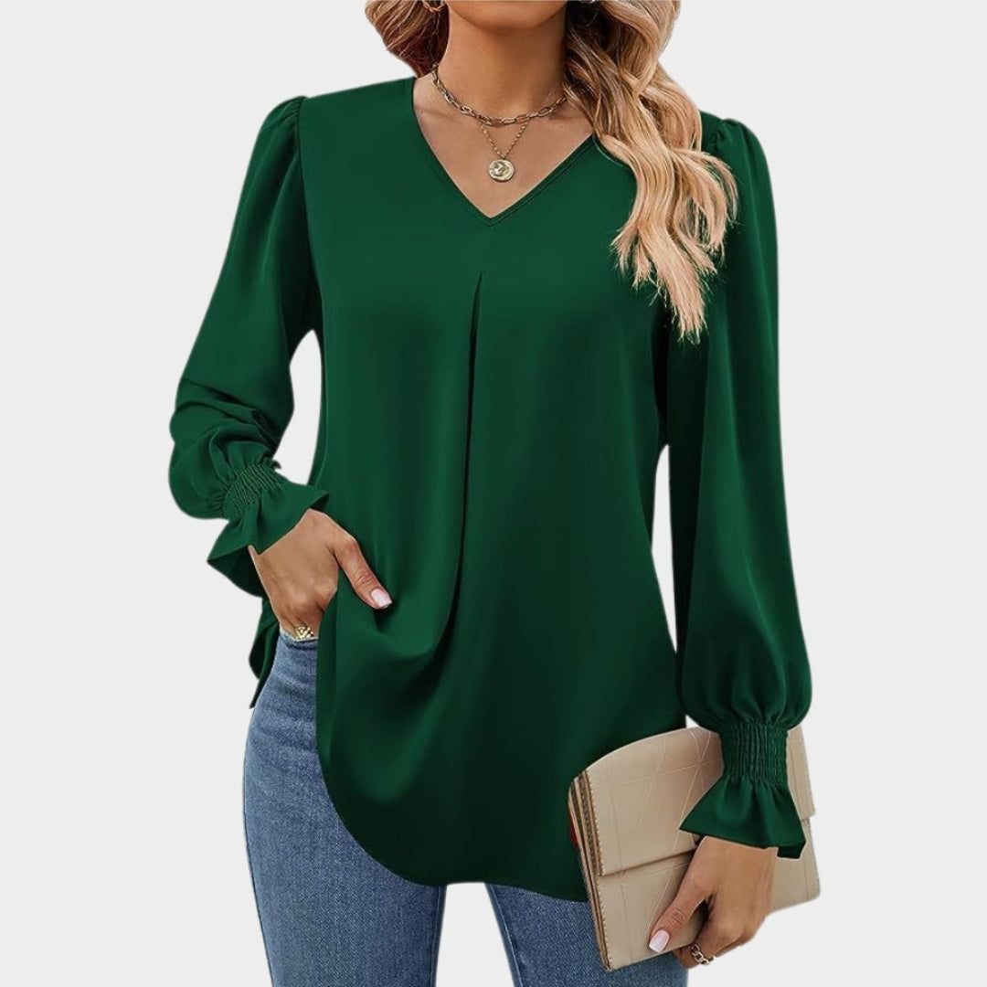 Women’s Chiffon V-Neck Blouse - Long Flared Sleeve Shirt, Loose Fit, Elegant Office Top