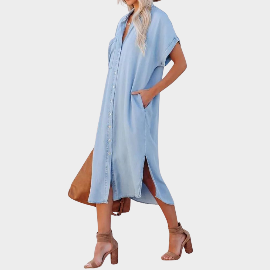 Women's Maxi Dress – Short Sleeve – Turn-Down Collar – Button Front – Elegant Party Style – Soft Fabric – Blue