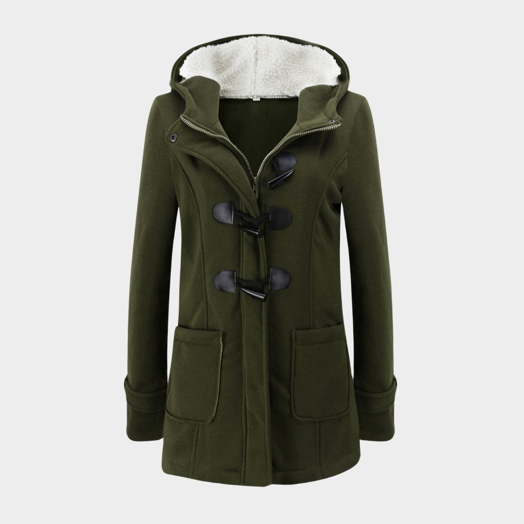 Women Warm Mid Length Hooded Coat – Horn Buckle Long Sleeve Outerwear – Multiple Colours