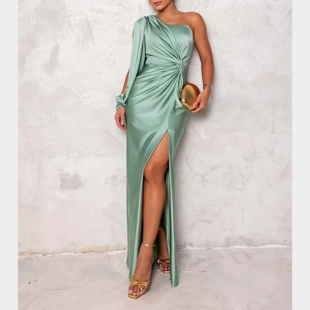 Women Evening Maxi Dress – Elegant Party Long Dress with Backless Split Design and Diagonal Collar Tight Waist Silhouette – Multiple Colours