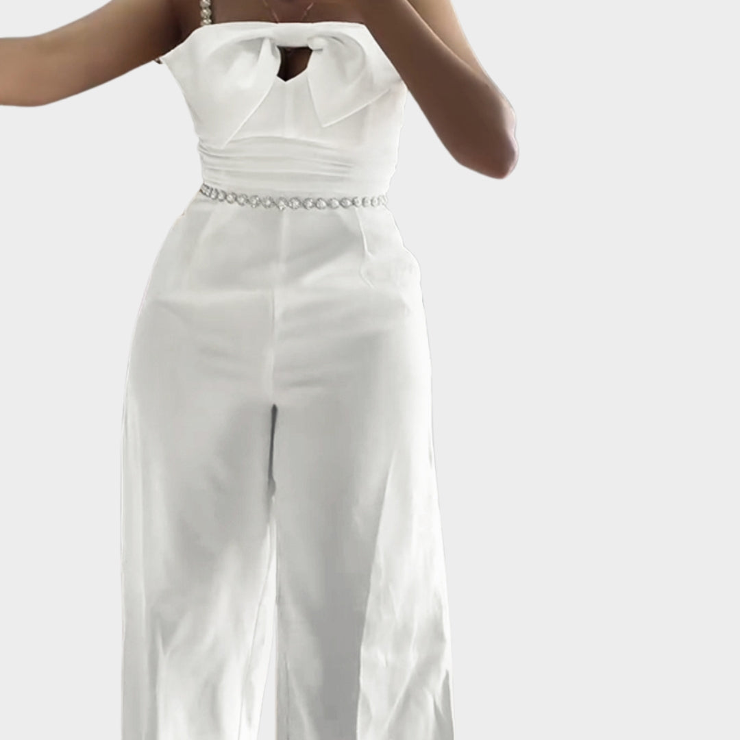 Spring Women’s Elegant Jumpsuit – Bandeau, Beading, Bowknot Design, Ruffles, Slim Fit, Wide Leg, White