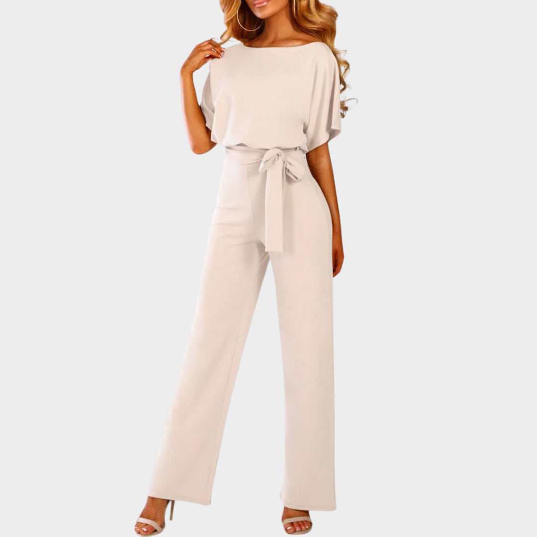 Women's Jumpsuit – Elegant Short Sleeve – Hollowed Waist – Tie Belt – Wide-Leg – Multiple Colours