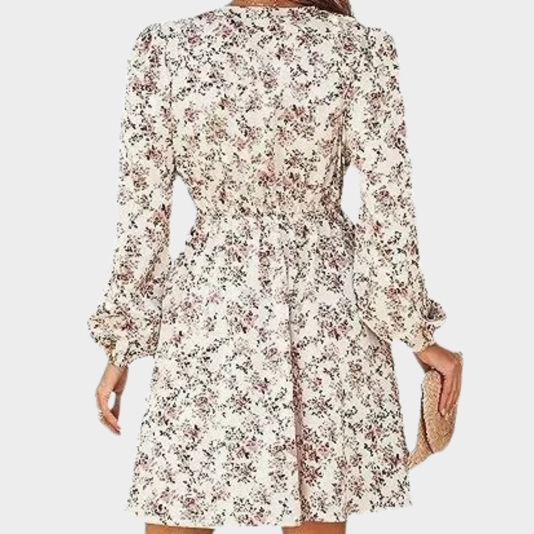 Women's V-Neck Mini Dress – Long Sleeve – Floral Print – Regular Waist – Lightweight Polyester – Multiple Colours