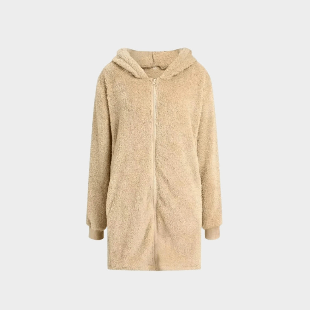 Plush Hooded Jacket for Women – Casual Autumn Winter Outerwear, Brown, Beige, Black